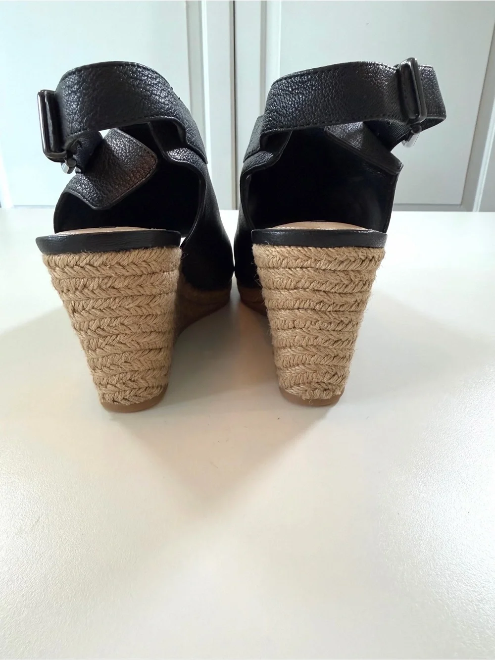 Via Spiga Ingrid Black Leather Espadrille Wedge Sandals US 7